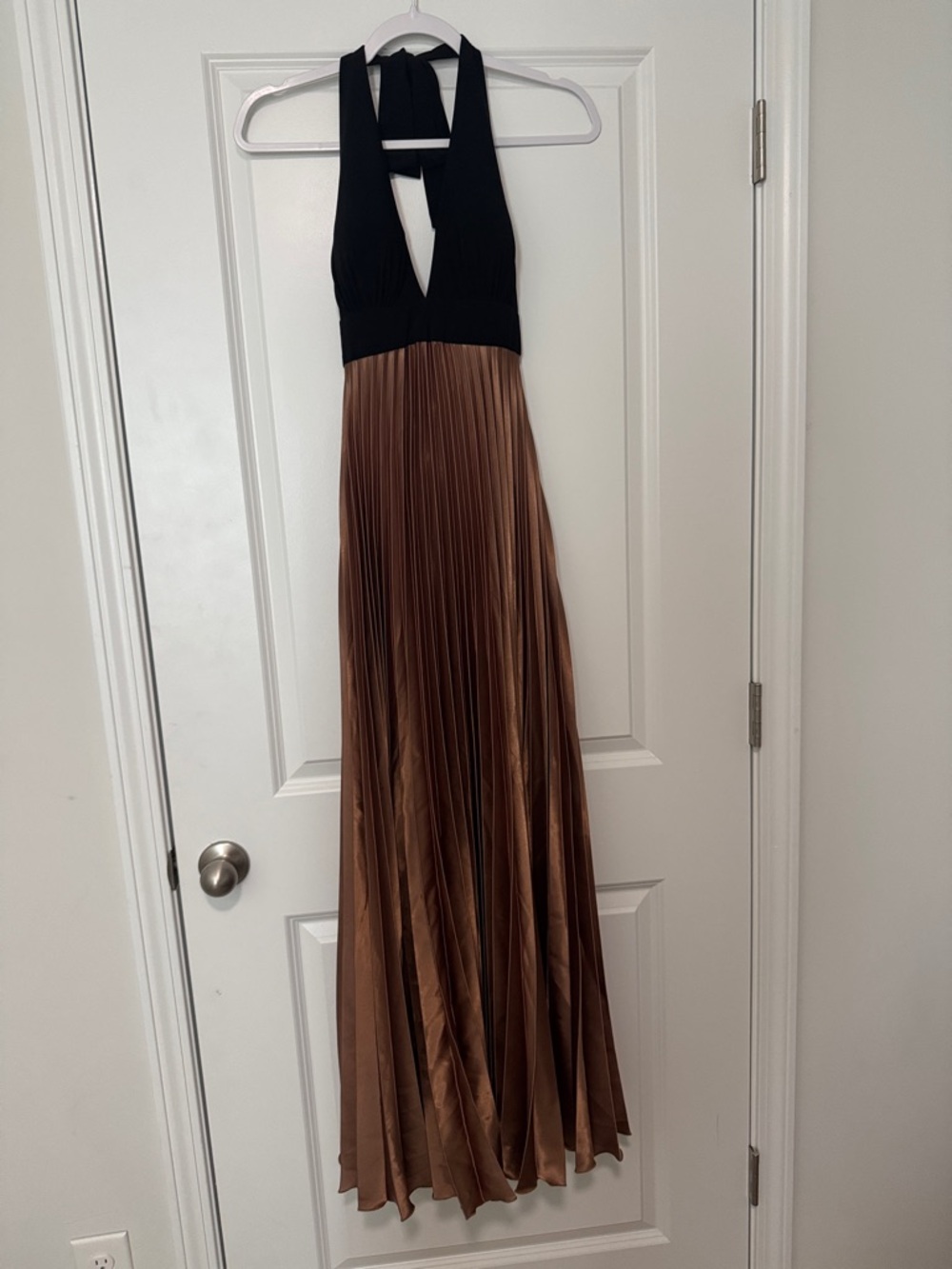 Betsy & Adam Black Halter Top with Bronze Pleated Skirt Maxi Dress
